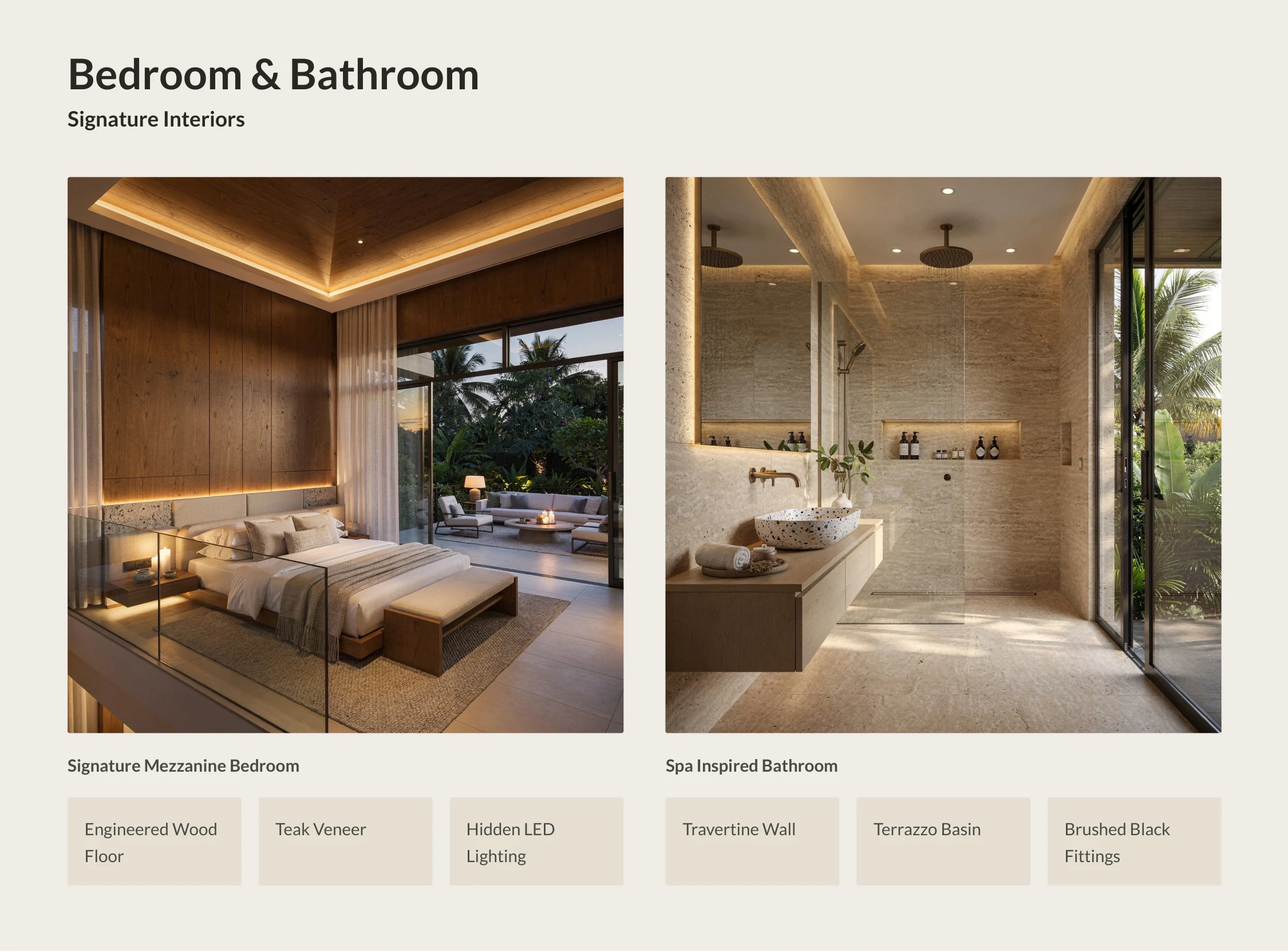 Tangeb Mezzanine Villas — Signature Mezzanine Bedroom and Spa-Inspired Bathroom Interiors