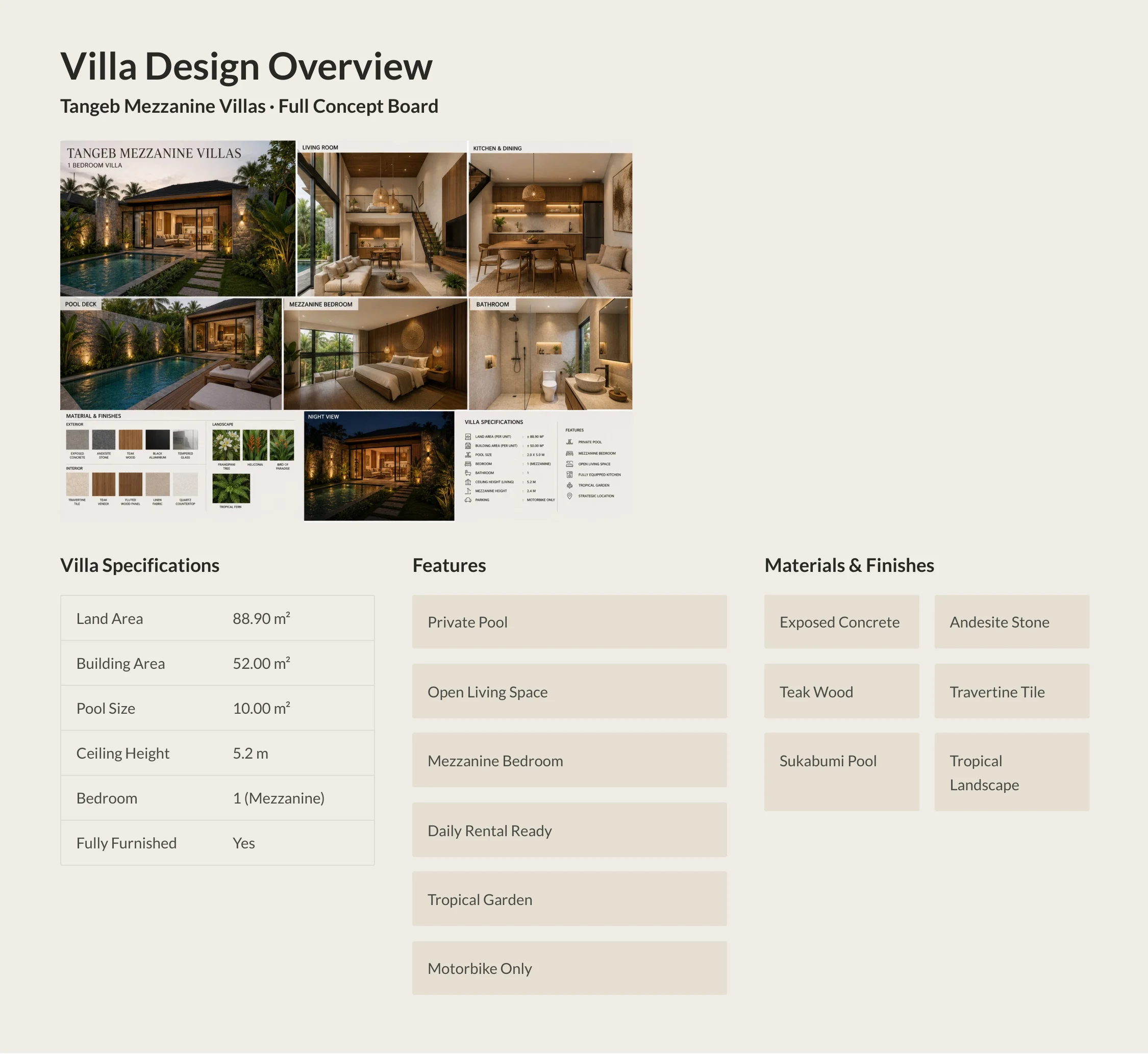 Tangeb Mezzanine Villas — Full Concept Board: Villa Specifications, Features, and Materials