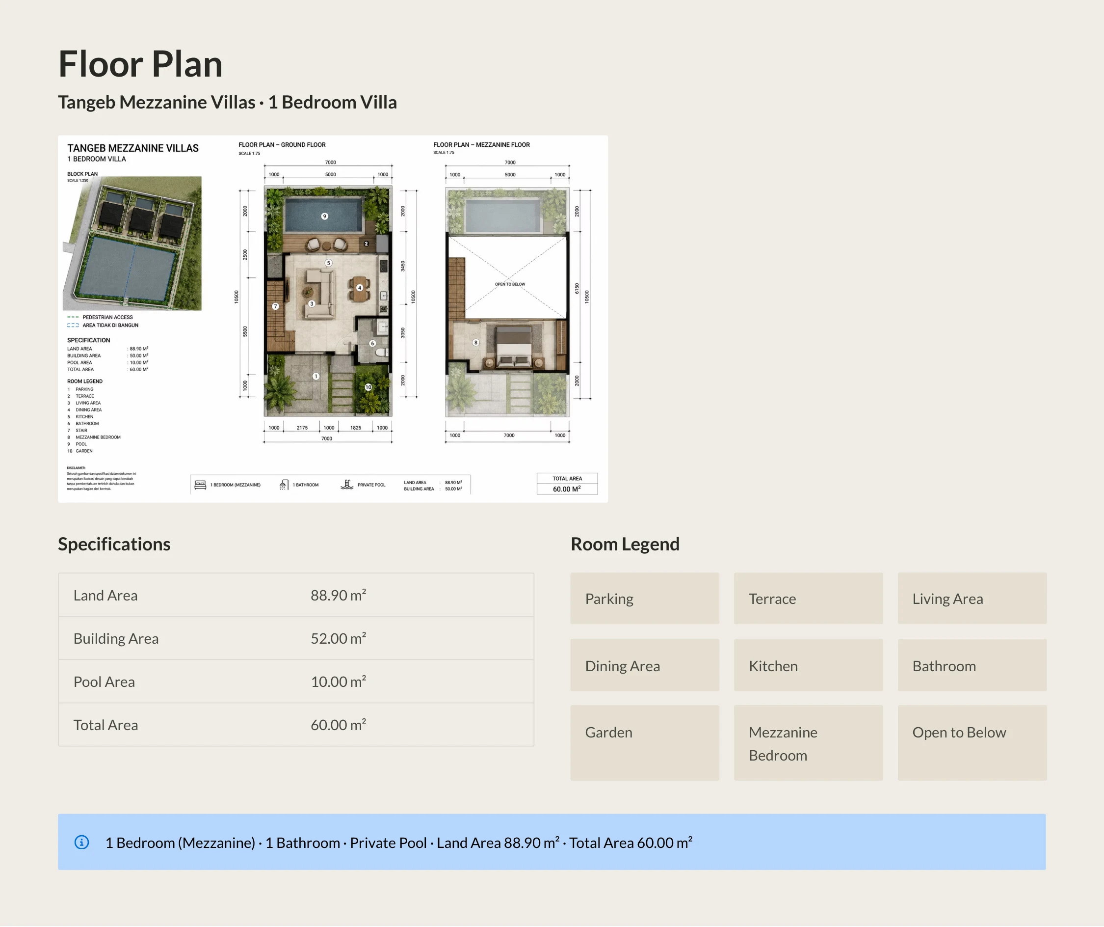 Tangeb Mezzanine Villas — Floor Plan: 1 Bedroom Mezzanine Villa, Private Pool, 88.90 m² Land Area