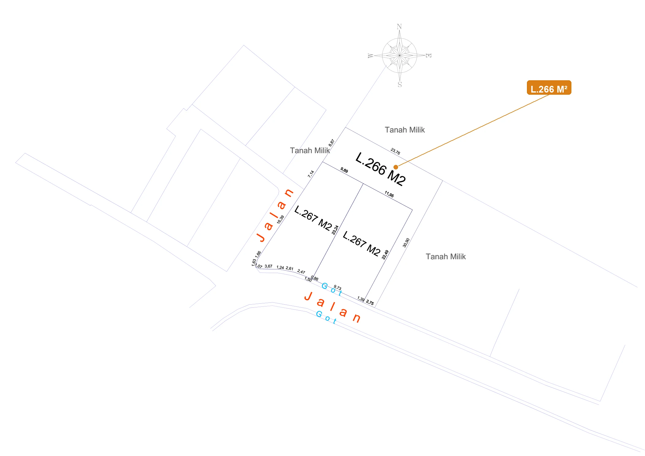 Supporting land reference map showing the L.266 M2 plot area for Tangeb Mezzanine Villas, Abianbase, Mengwi