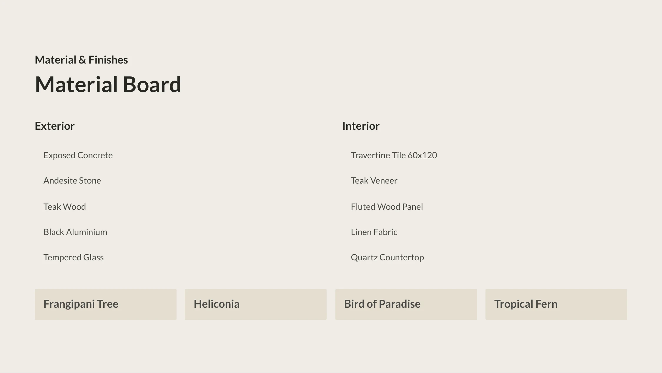 Tangeb Mezzanine Villas — Material Board: Exterior, Interior, and Landscape Specifications