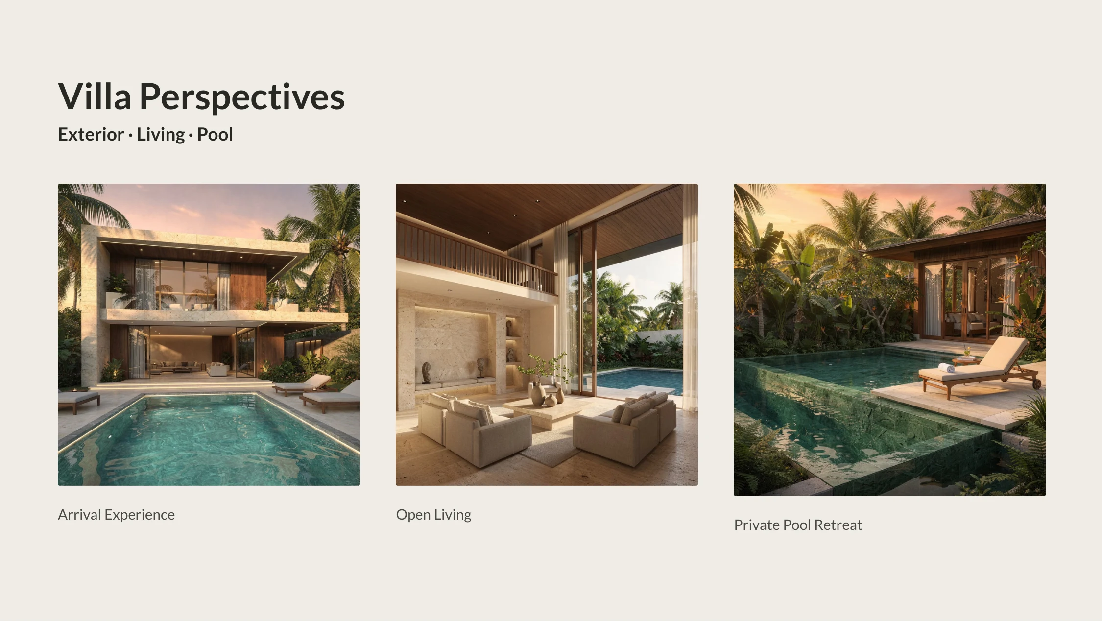 Tangeb Mezzanine Villas — Exterior Perspectives: Arrival Experience, Open Living, Private Pool Retreat