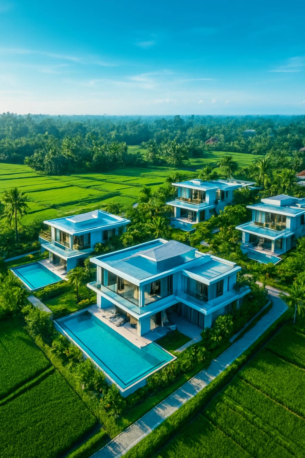 2BR Private Pool Villa Bali — Aerial View of Three Villas Surrounded by Rice Fields, Bali
