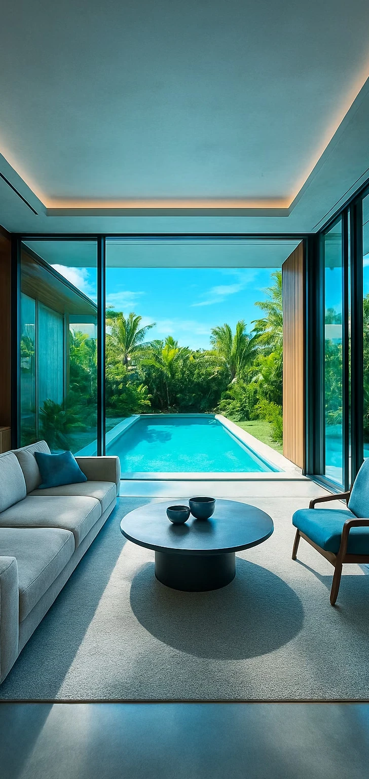 2BR Private Pool Villa Bali — Interior Living Room Opening to Private Pool, Indoor-Outdoor Flow