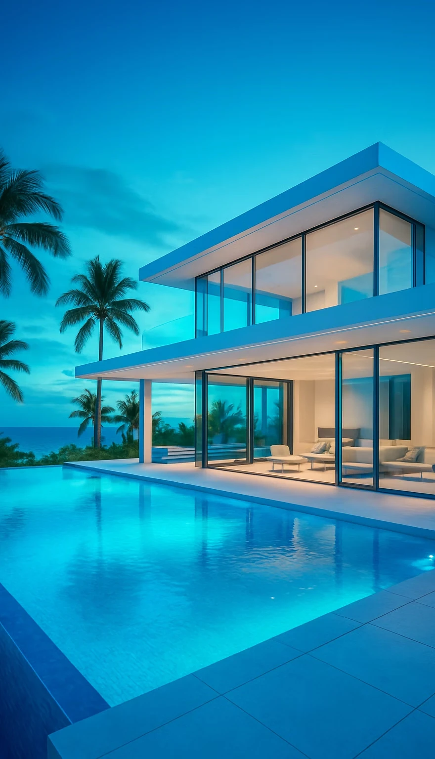 2BR Private Pool Villa Bali — Villa Exterior at Dusk with Private Pool and Tropical Landscape