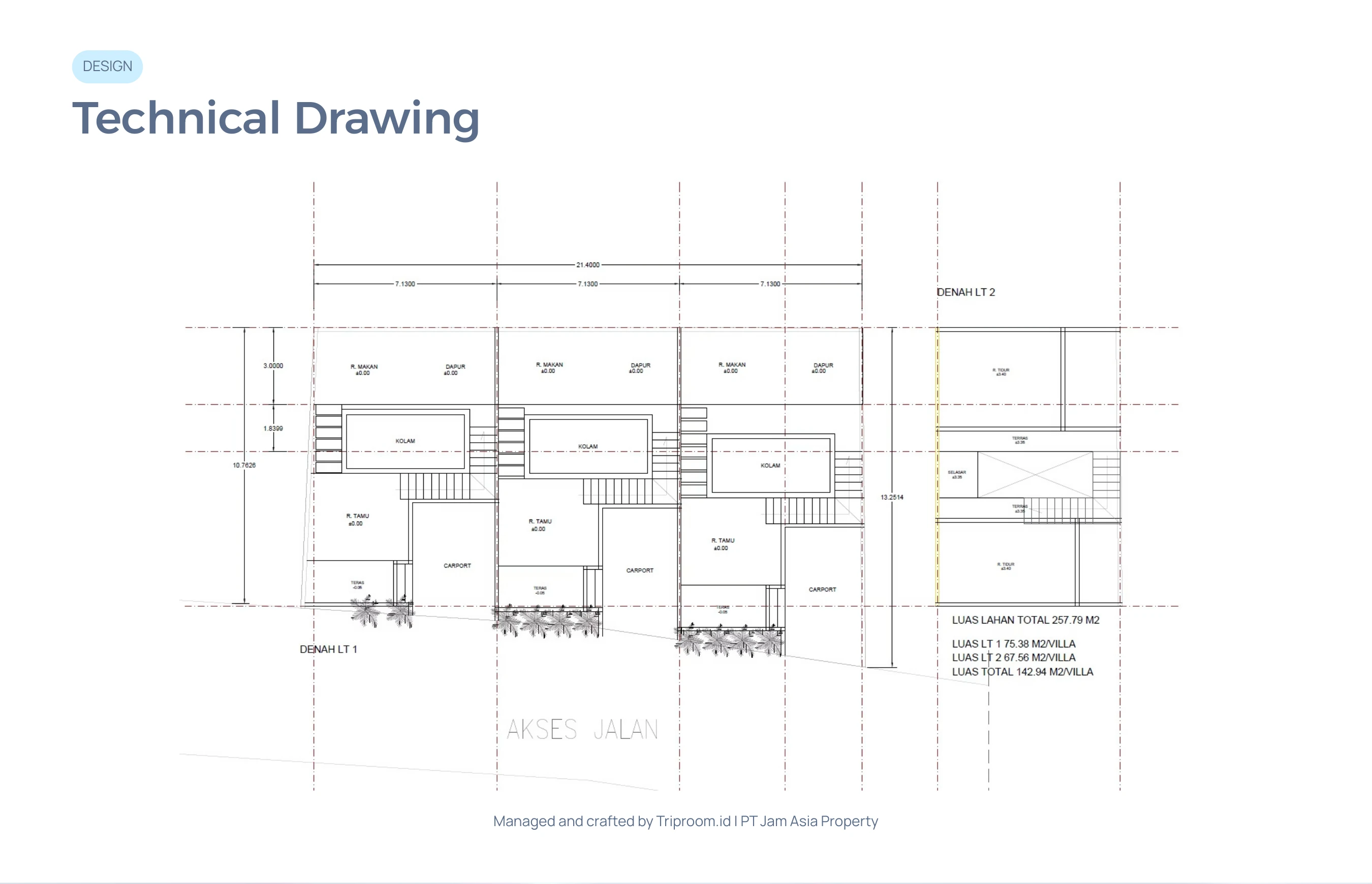 2BR Private Pool Villa Bali — Technical Drawing, CAD Floor Plan and Structural Layout