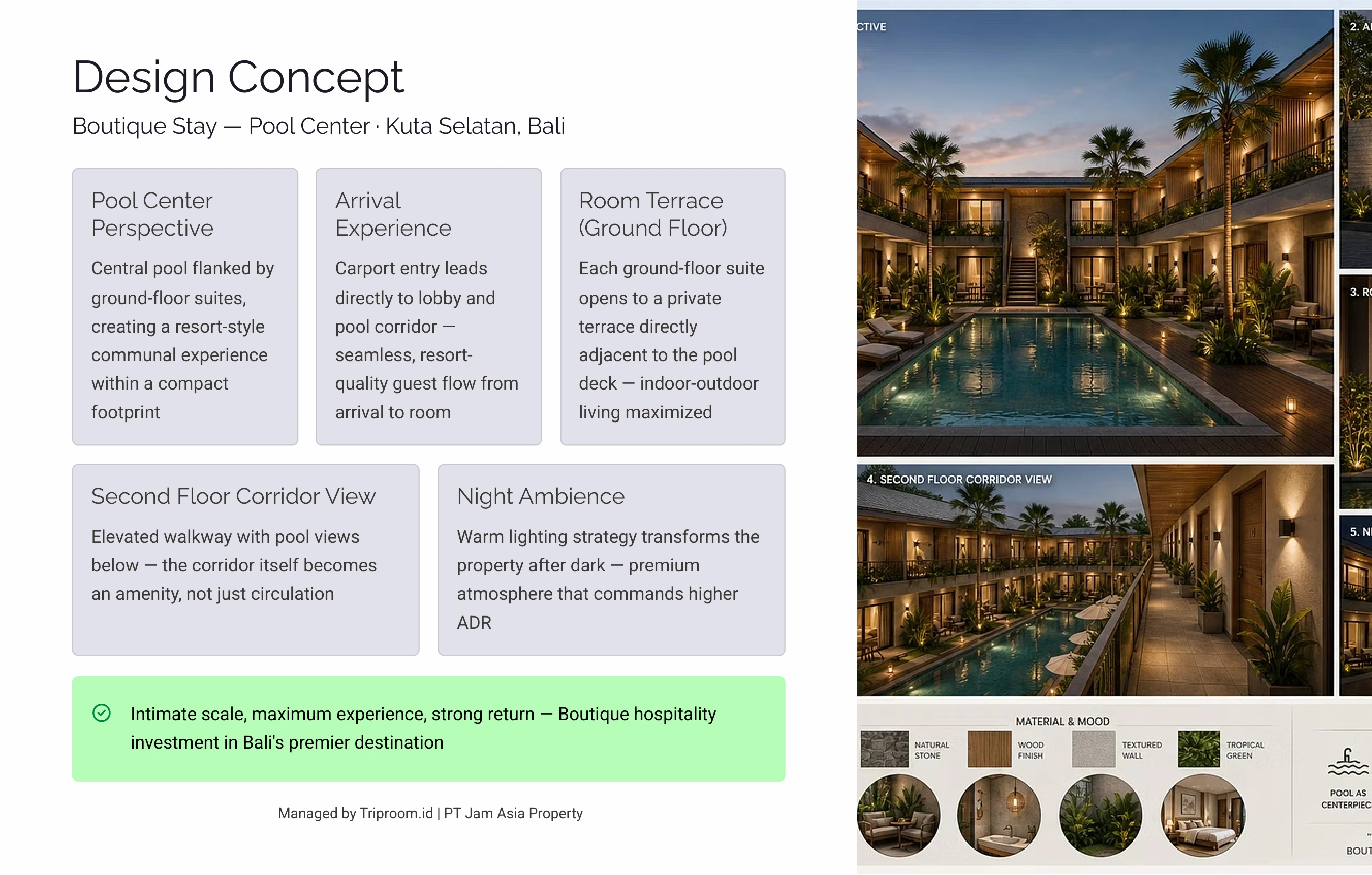 South Kuta Boutique Hospitality — Design Concept, Pool Center Perspective and Night Ambience