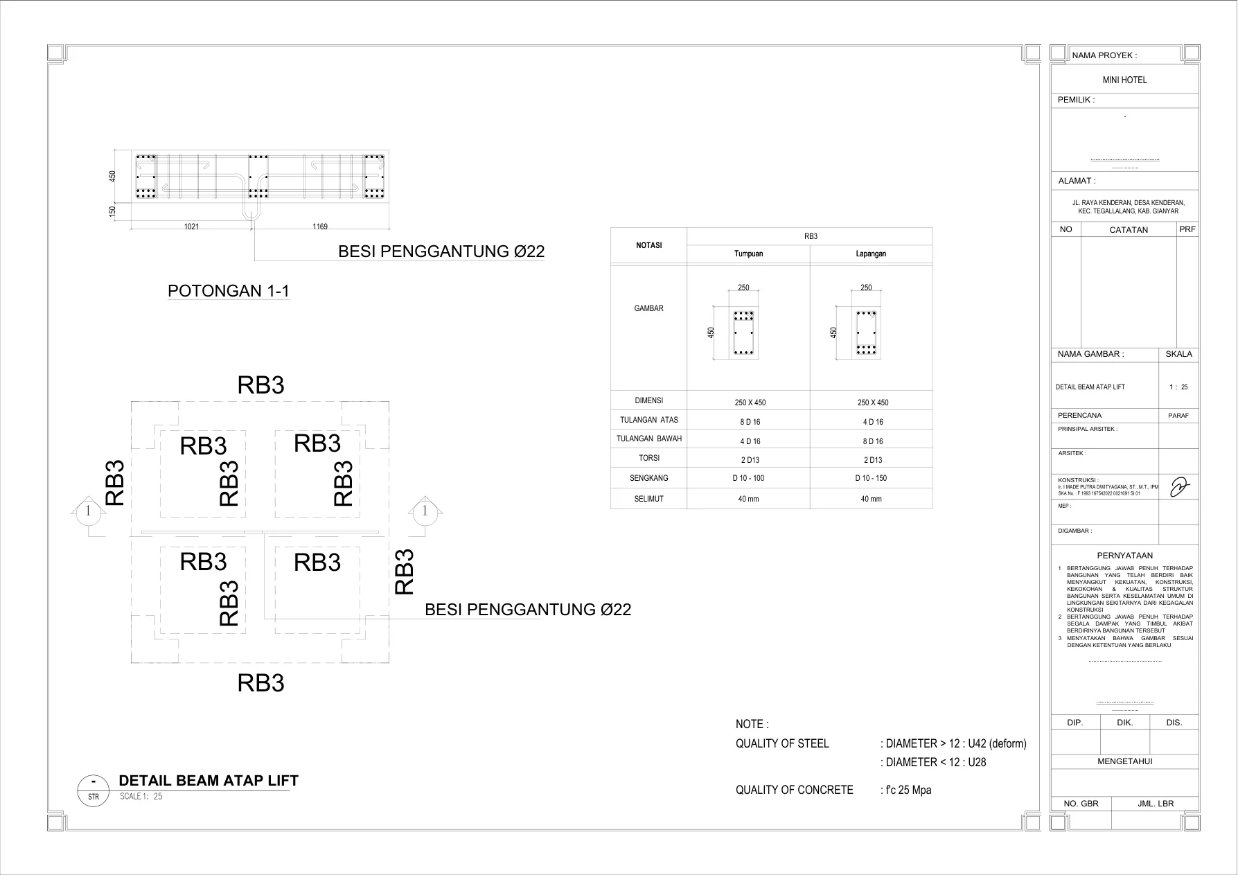 Tulangan Balok RB3 — Beam Reinforcement Detail RB3