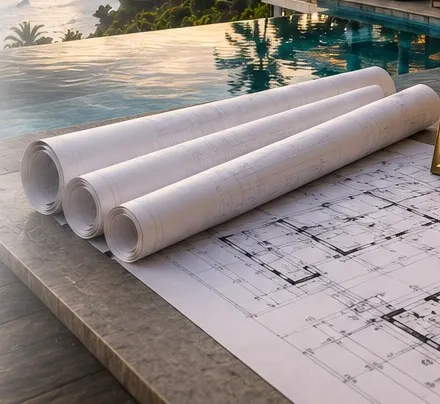 Rolled technical drawings and a floor plan on a table, with a Bali villa pool in the background